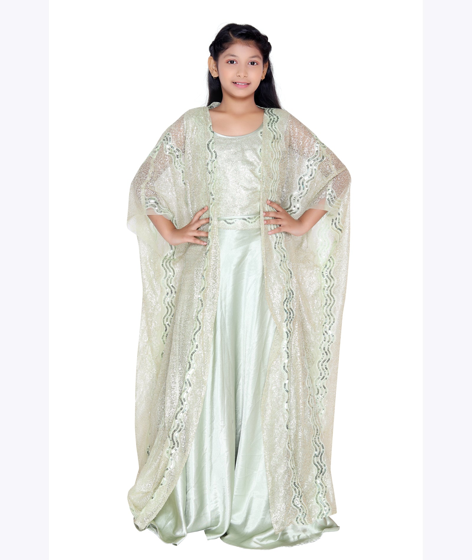 Mint Sparkle Cape-Style Dhoti Set (Kids)