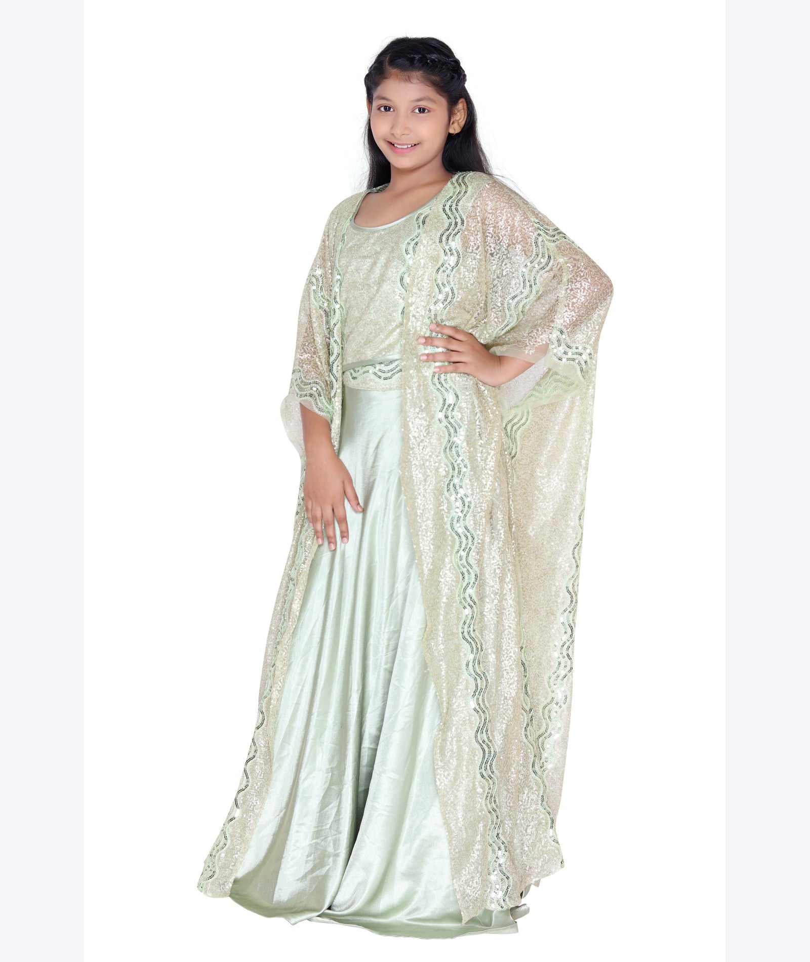 Mint Sparkle Cape-Style Dhoti Set (Kids)
