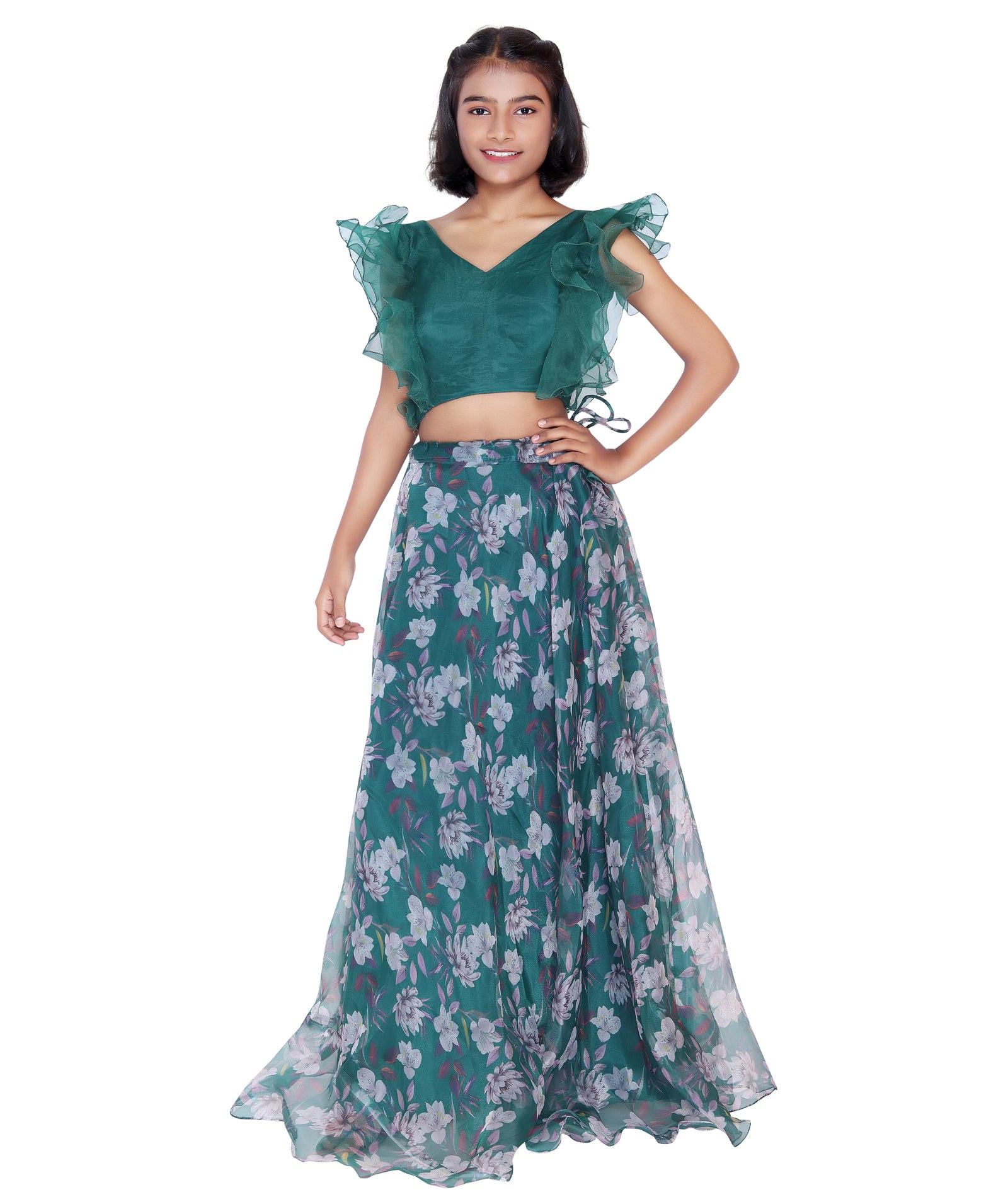 Emerald Bloom Ruffle Top & Floral Skirt Set