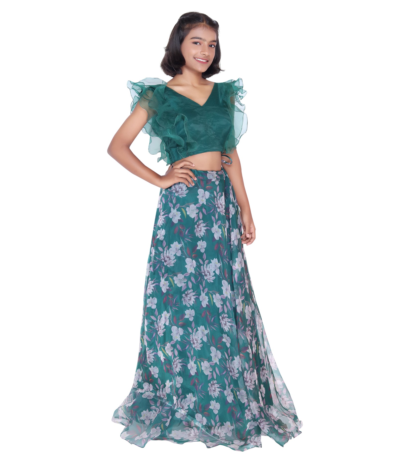 Emerald Bloom Ruffle Top & Floral Skirt Set