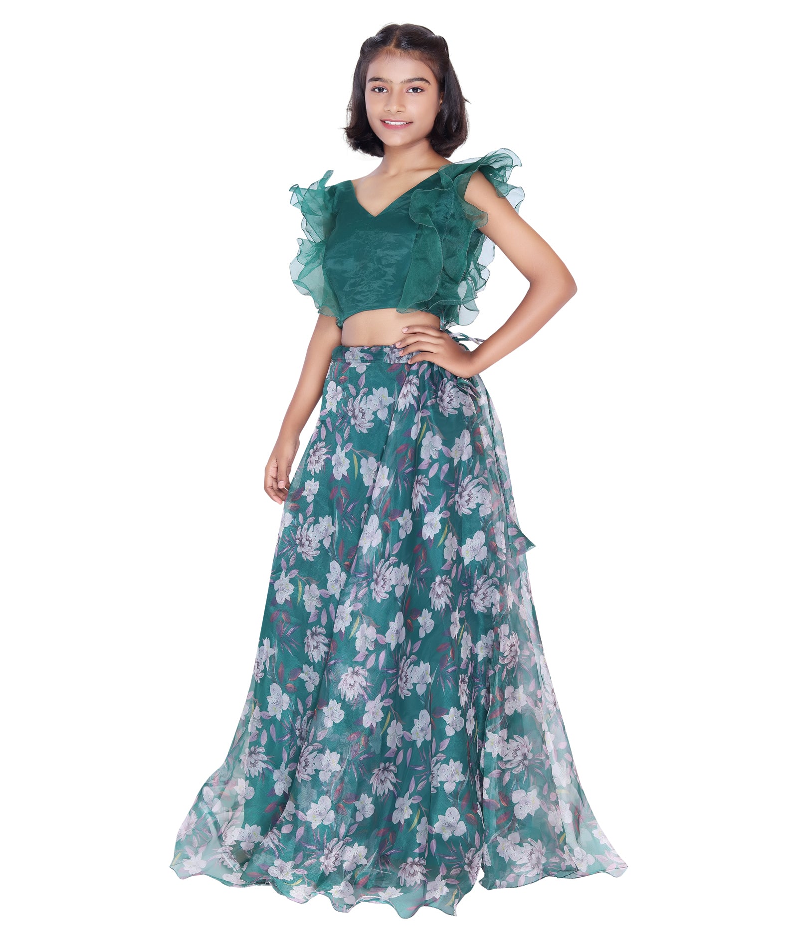 Emerald Bloom Ruffle Top & Floral Skirt Set