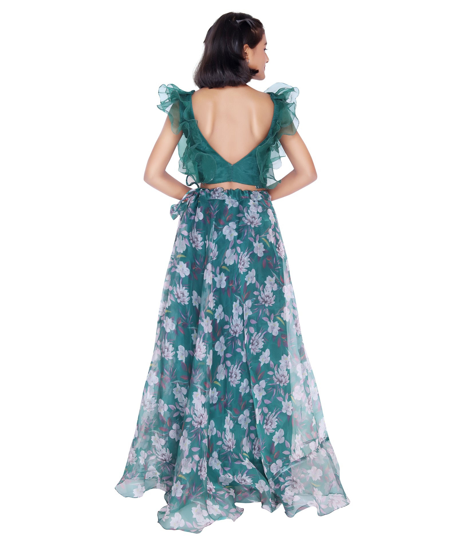 Emerald Bloom Ruffle Top & Floral Skirt Set