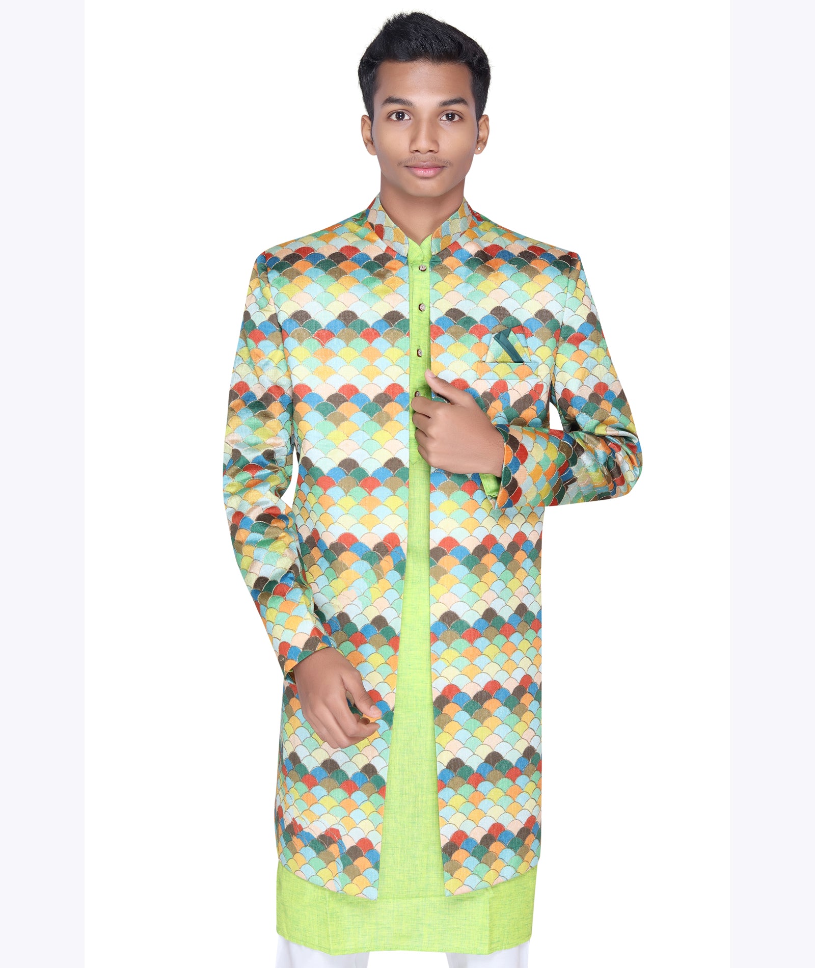 Peacock Prism Silk Sherwani
