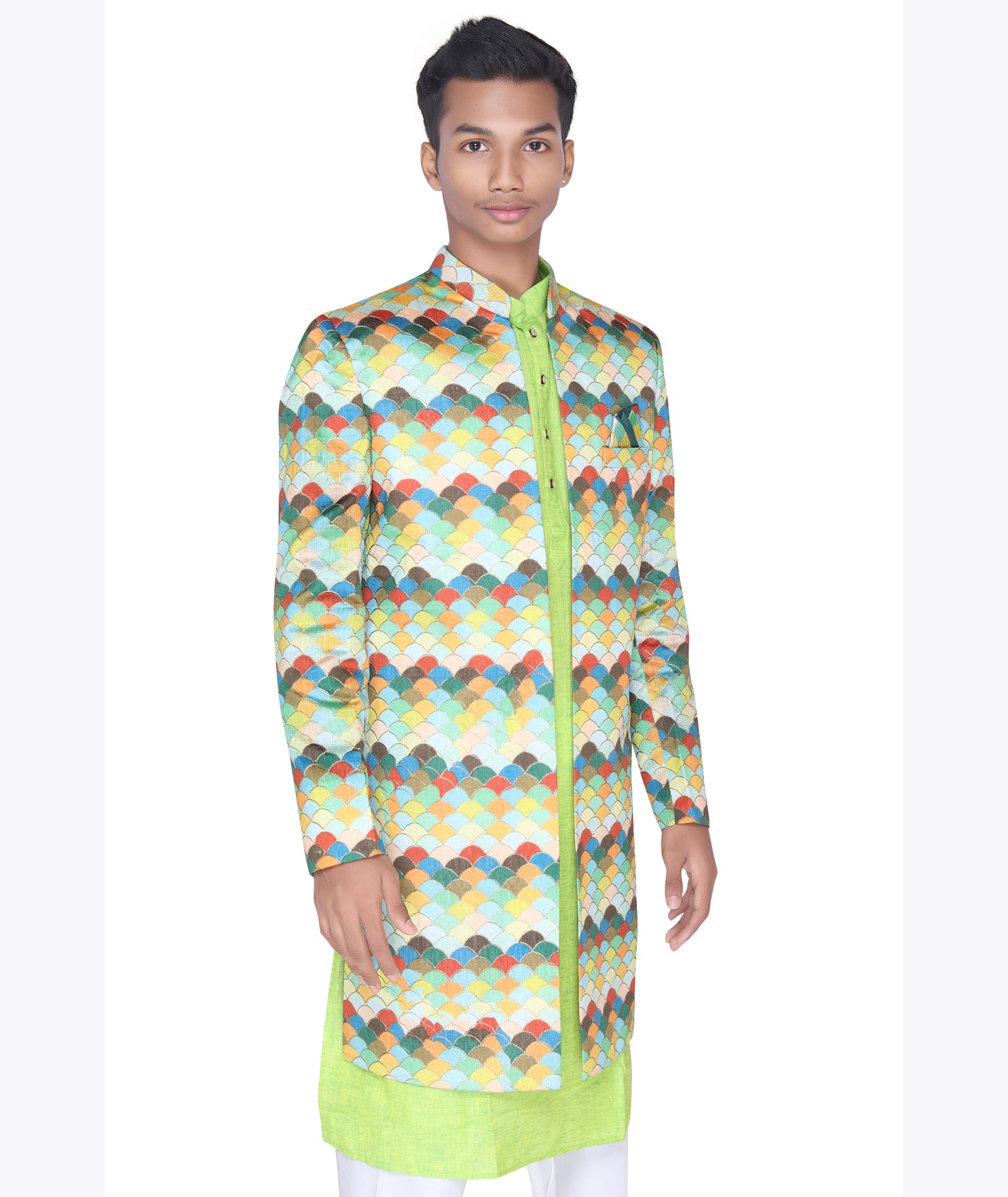 Peacock Prism Silk Sherwani