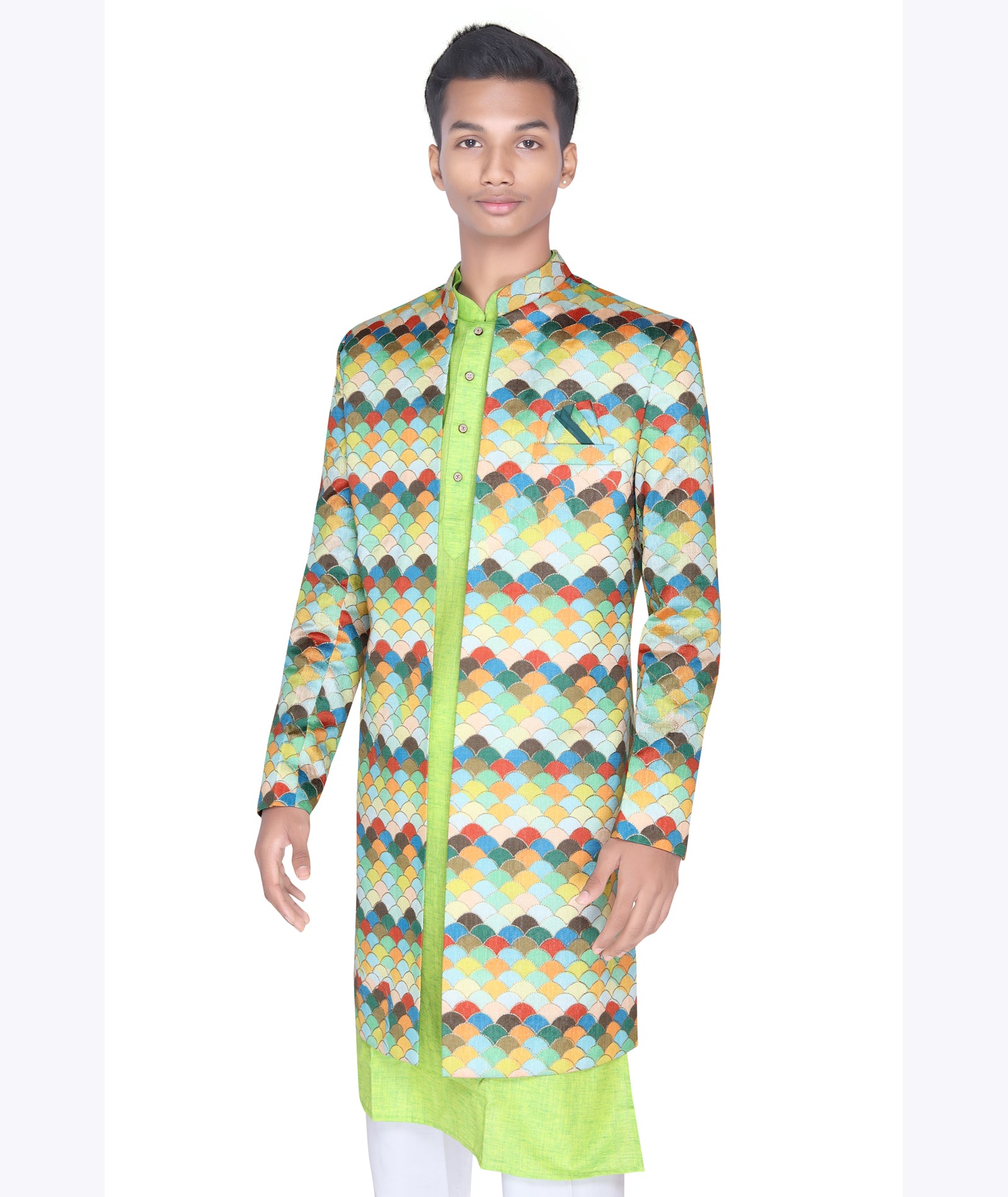 Peacock Prism Silk Sherwani