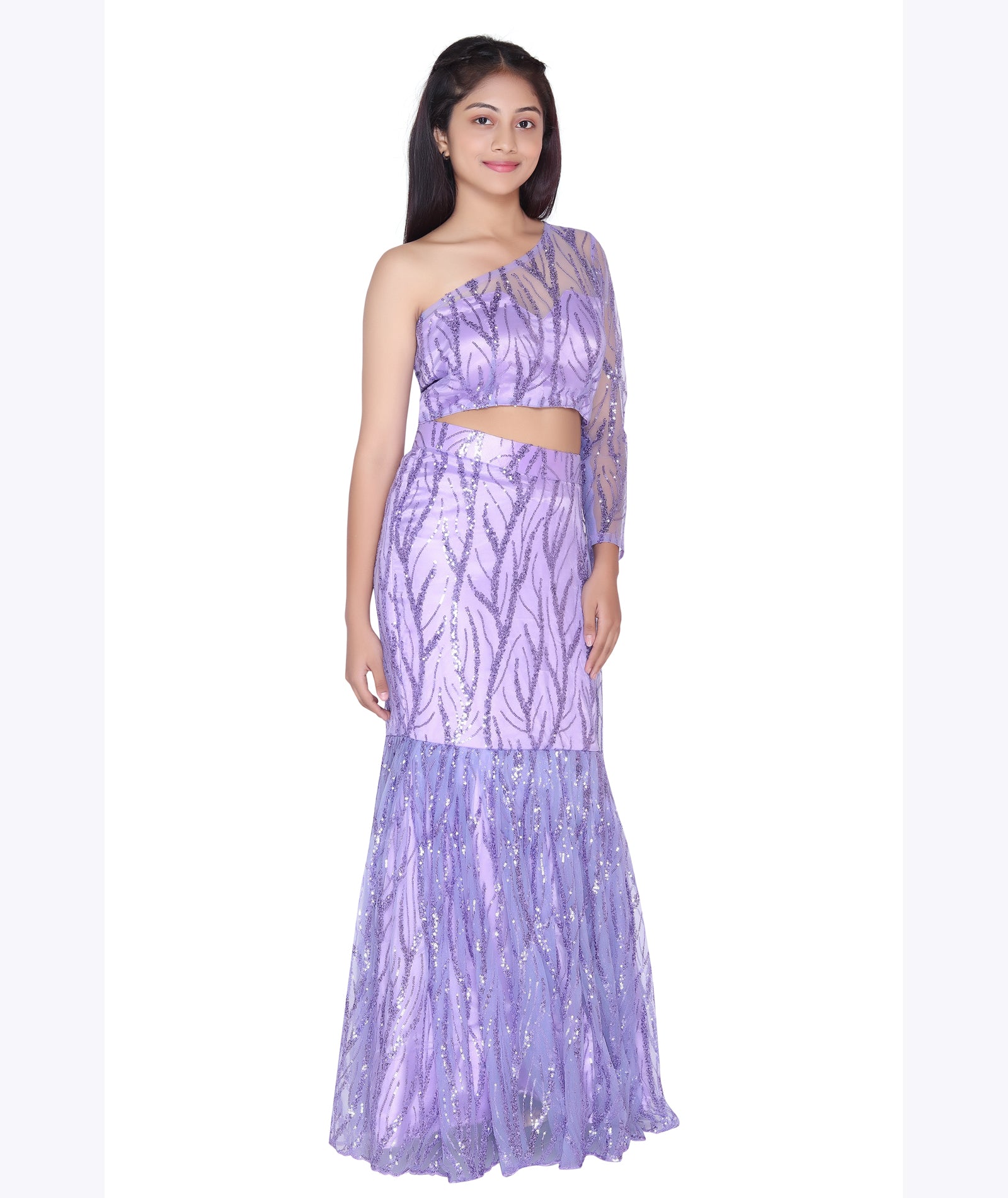 Lavender Gleam One-Shoulder Mermaid Lehenga Set