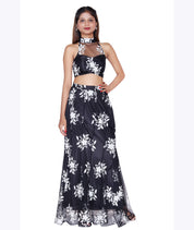 Midnight Bloom Embroidered Crop Top & Skirt Set