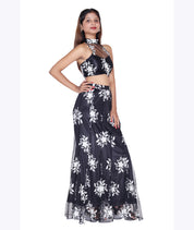 Midnight Bloom Embroidered Crop Top & Skirt Set